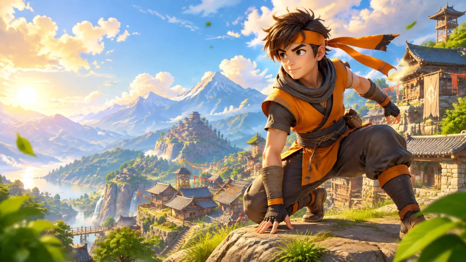 Original orange-clad ninja adventurer crouched above a bright mountain village