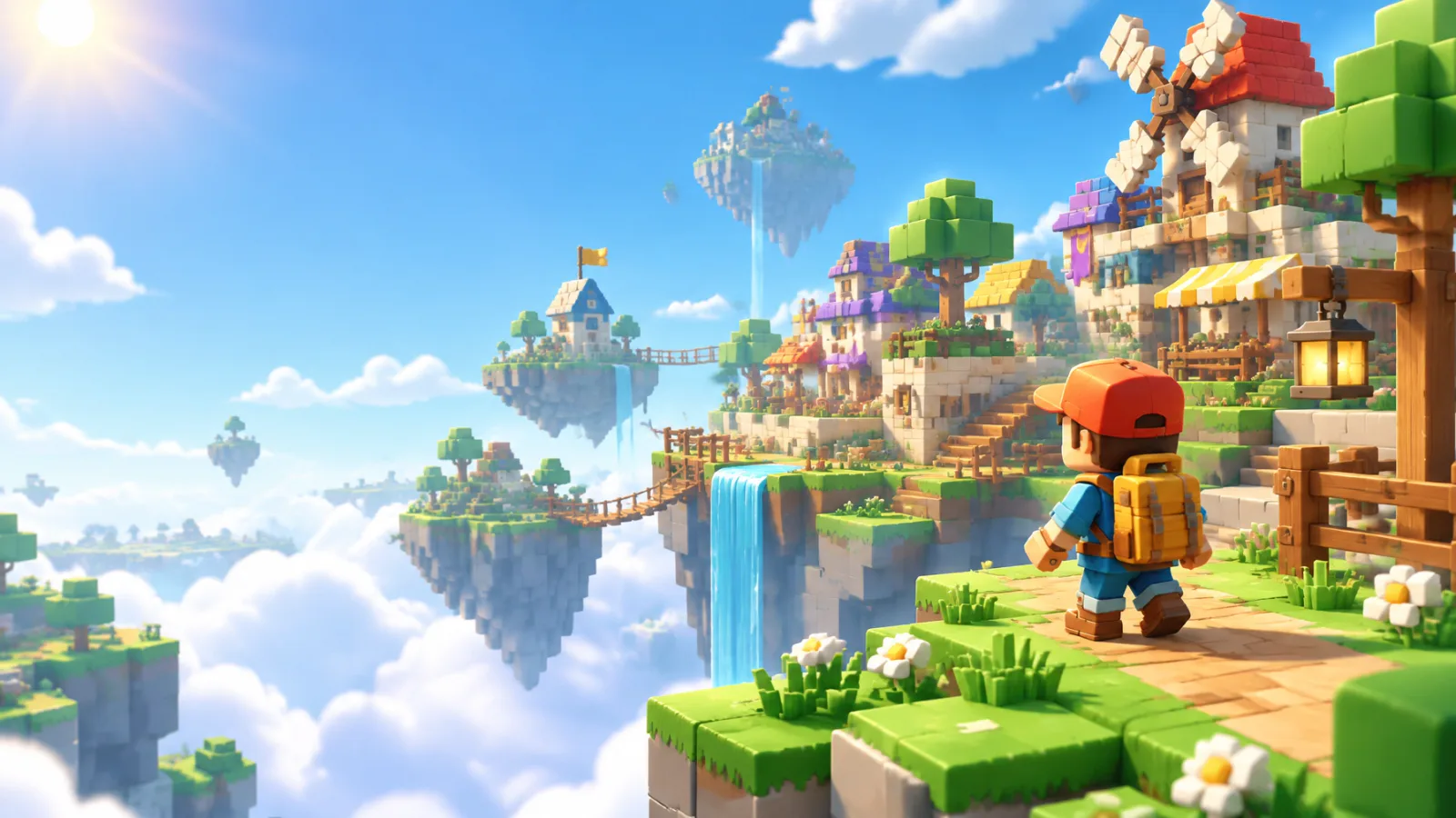 Colorful block-built game world with floating islands, a village, and an explorer