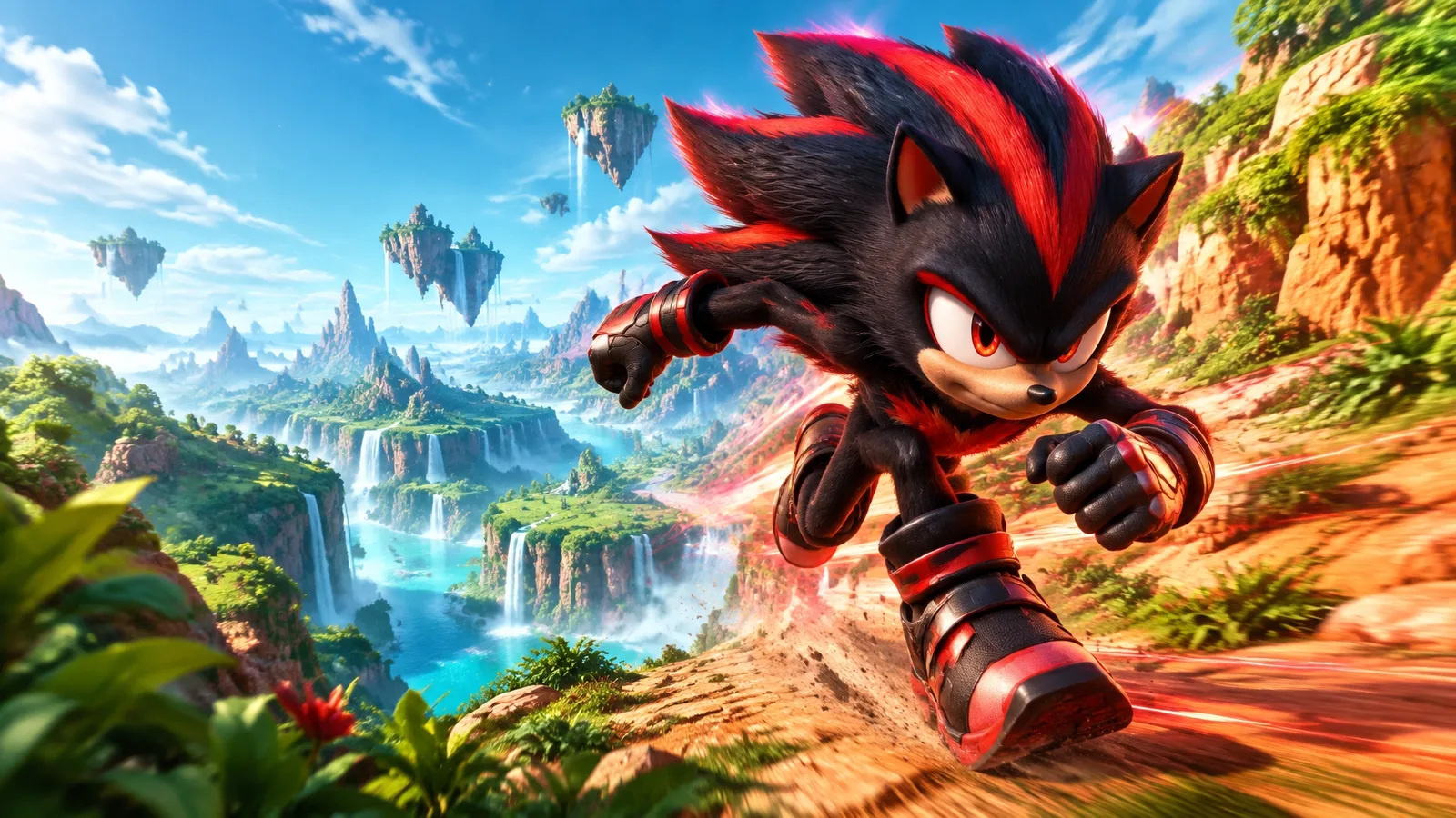 Black-and-red speed hedgehog-inspired character racing across a vivid waterfall adventure landscape