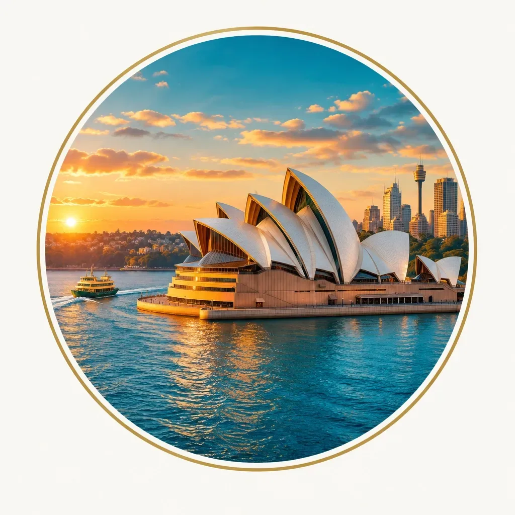 Sydney Opera House and Sydney Harbour in Australia at sunset