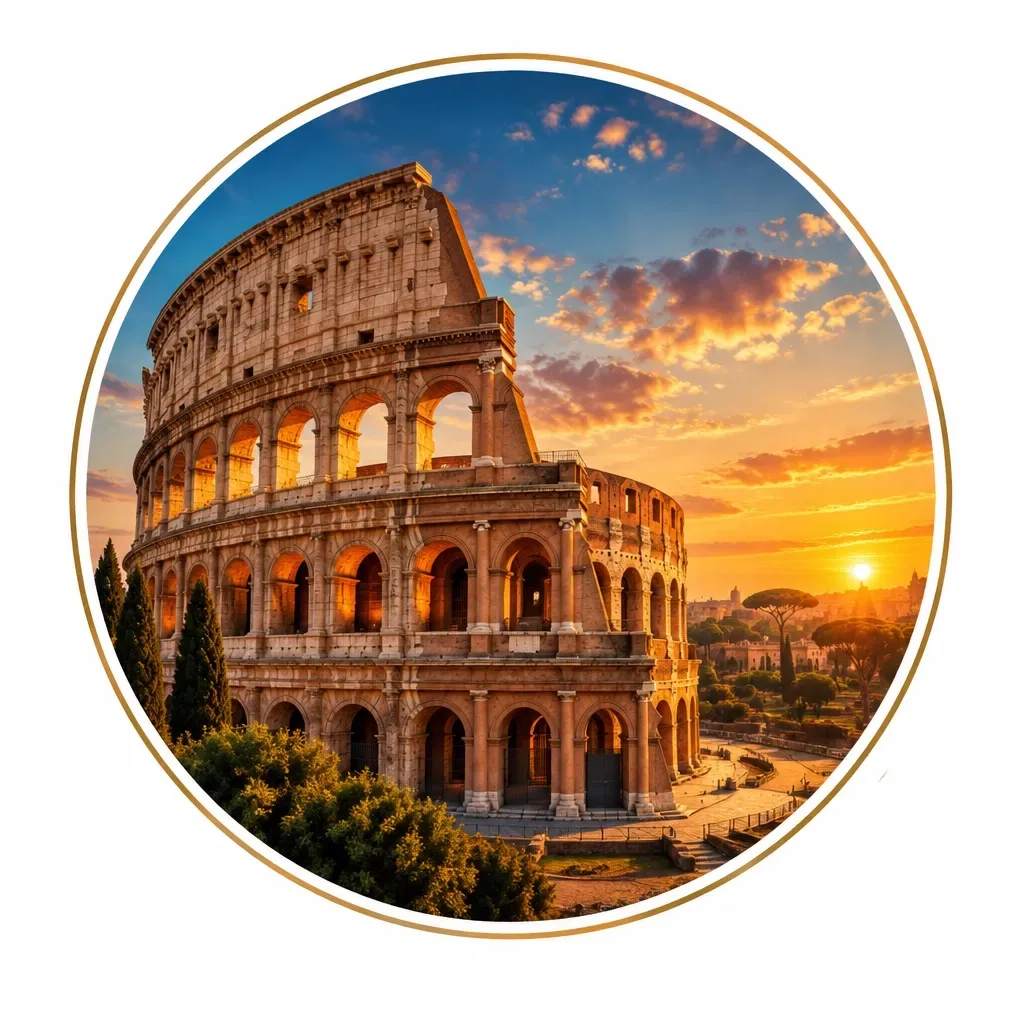 The Colosseum in Rome, Italy, glowing at sunset