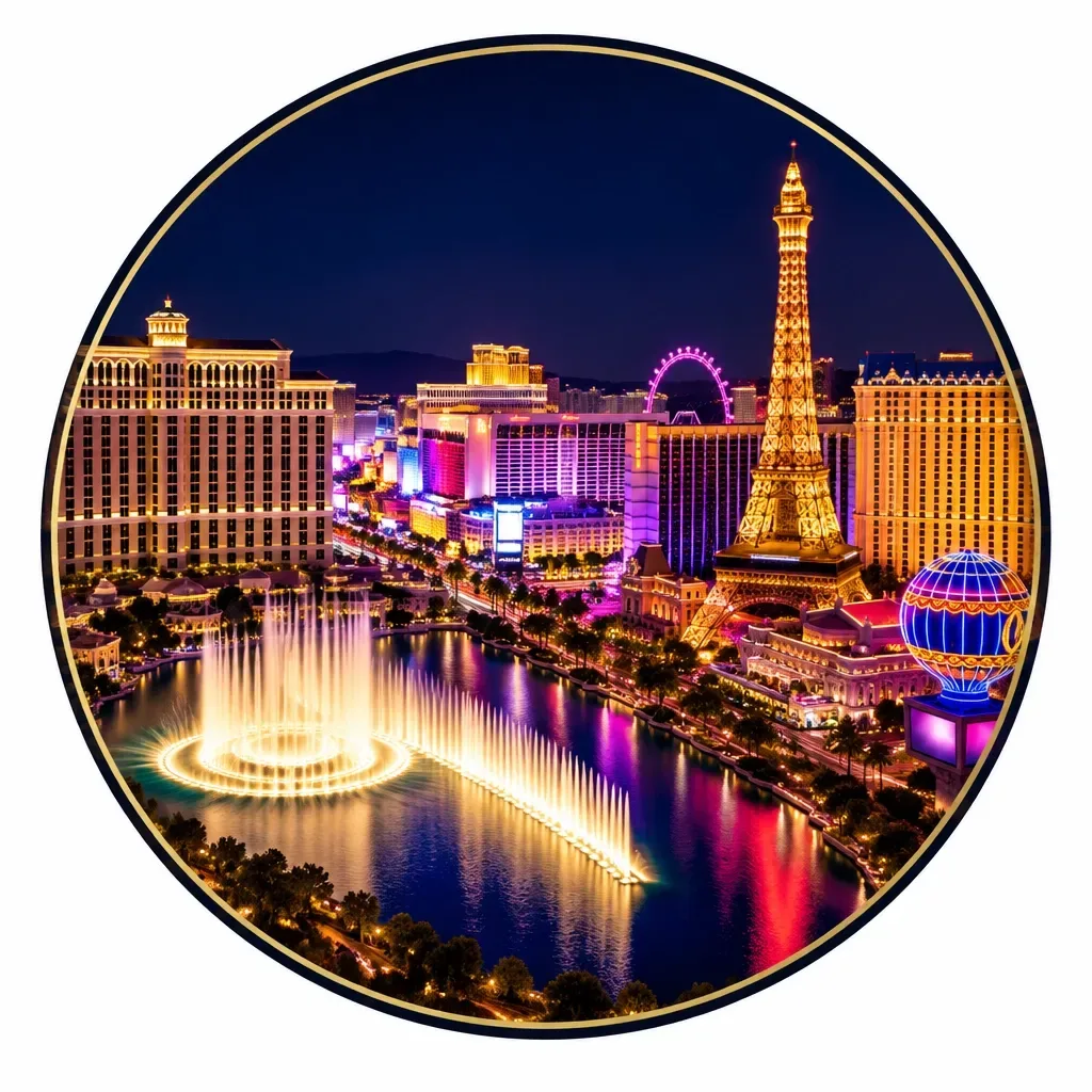 The Las Vegas Strip at night with the Eiffel Tower, fountains, and illuminated hotels