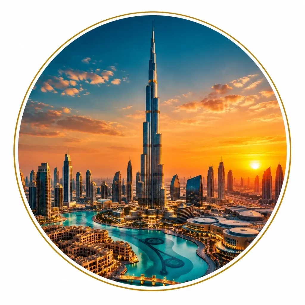 Burj Khalifa and the Dubai skyline beside the fountain in the United Arab Emirates at sunset